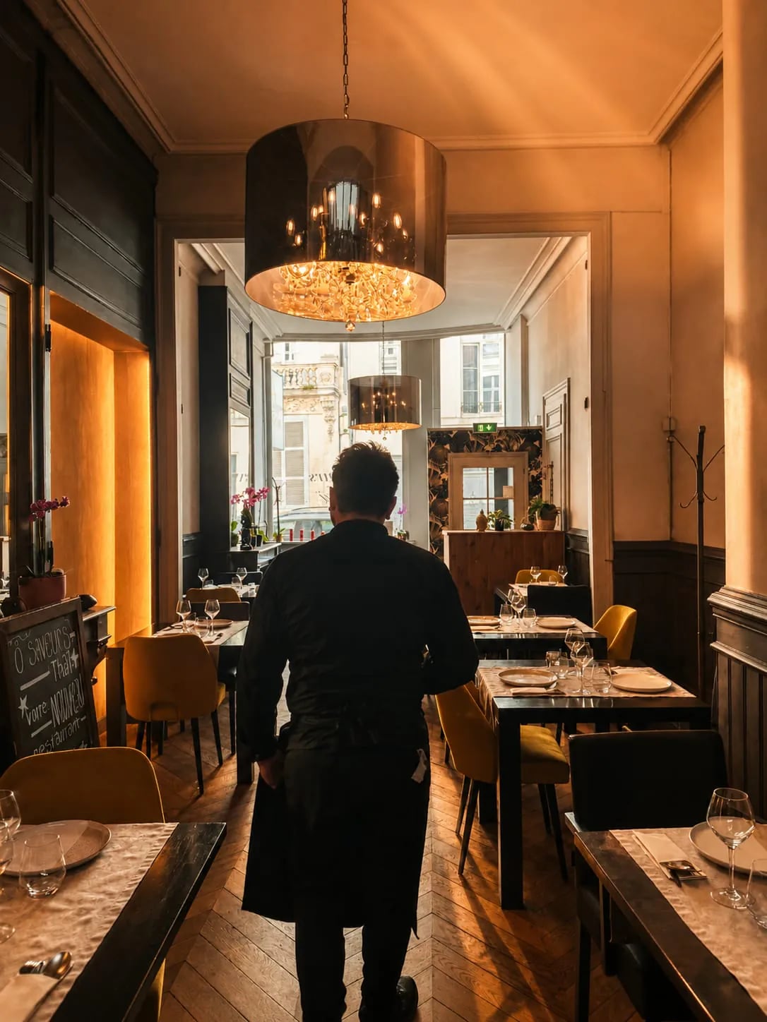 Le chef traverse la salle à la lumière du soir, sous les lustres du Vieux Lille